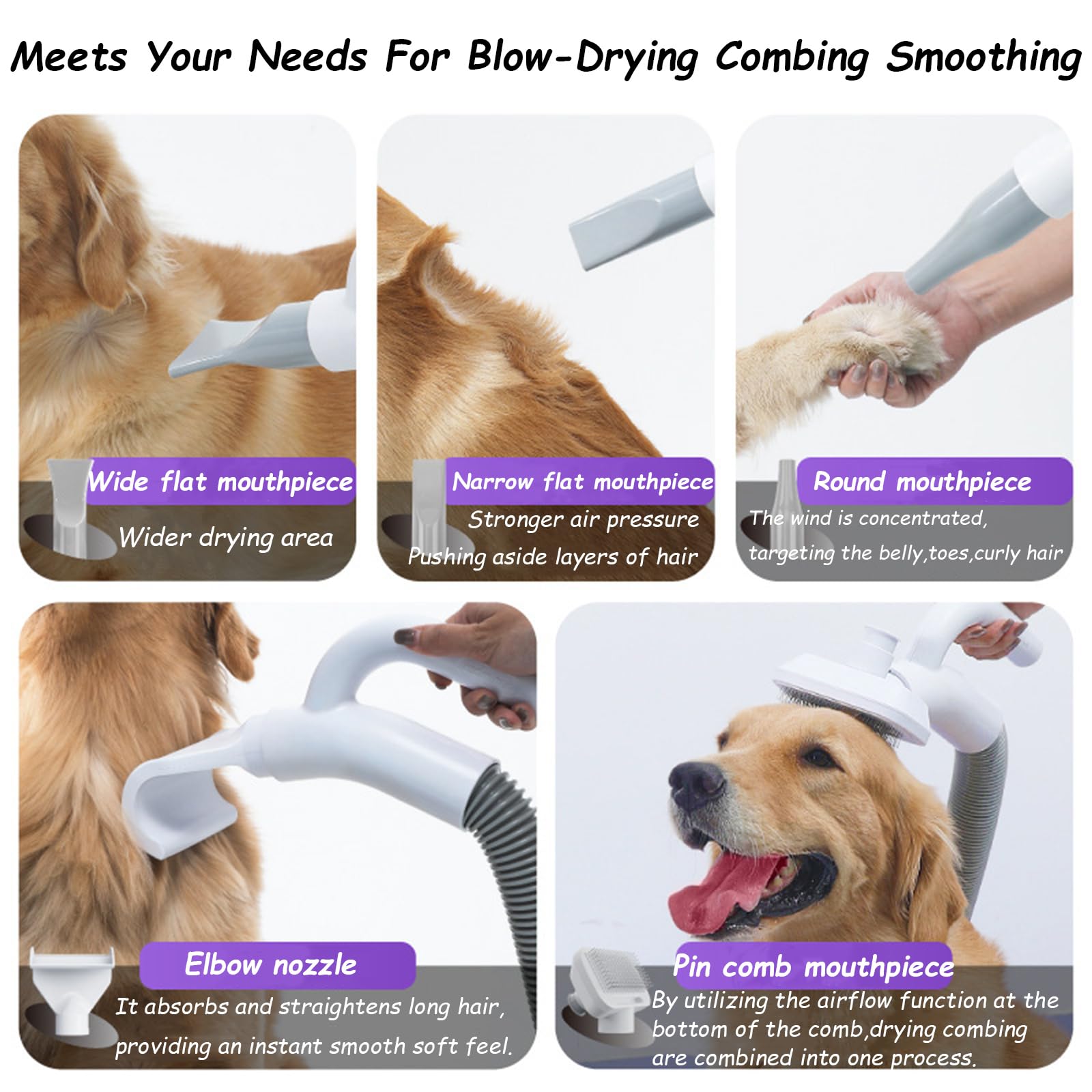 SèChe-Cheveux Professionnel Pour Poils De Chien,Souffleur De Poils D'Animaux 2000w Pour Chiens Et Chats,Aspirateur Silencieux,Haute Vitesse,5 Embouts DifféRents,SèChe-Cheveux Chats(34.9*15*23cm,White)
