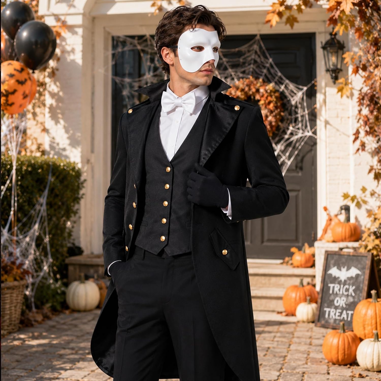JcHrmers Halloween Opera Costume Set Include Tailcoat Jacket,Half Face Mask,Bow Tie,Gloves and Red Rose for Adults Dress Up