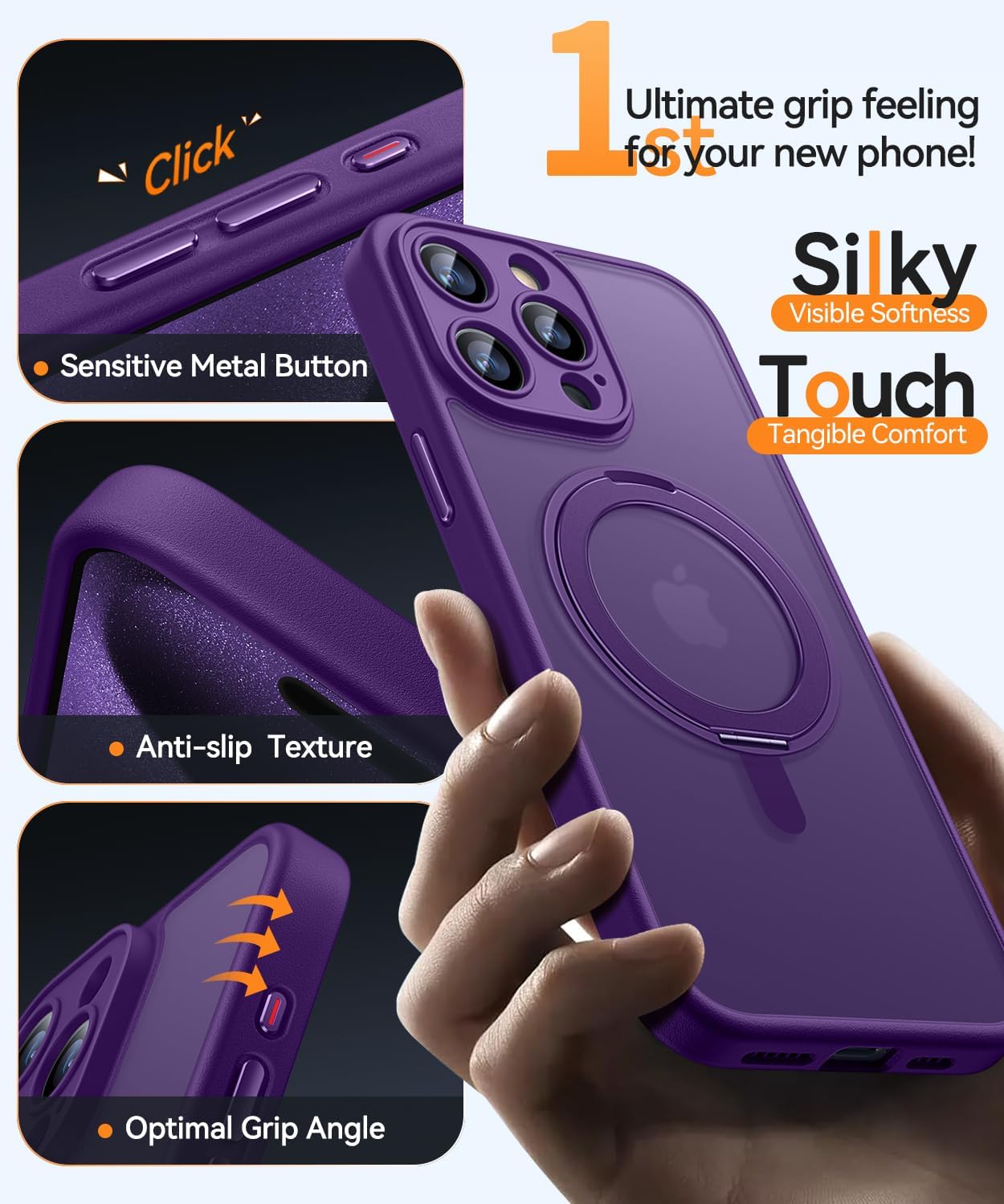 CANSHN 360° Spin Magnetic Stand for iPhone 15 Pro Max Case [Full Camera Protection] [Compatible with Magsafe] [Translucent Matte] Shockproof Protective Kickstand Phone Cover 6.7" - Deep Purple - Image 6