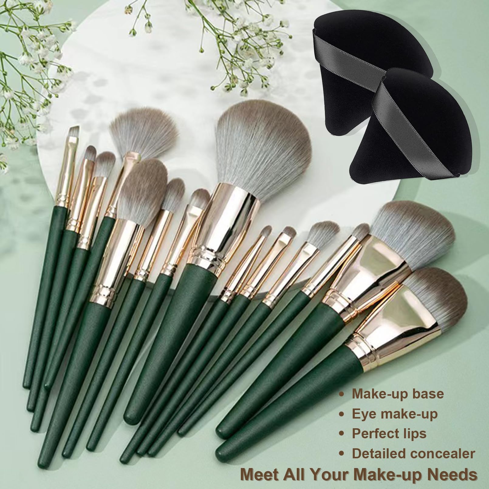 FITDON Makeup Brush, 14PCS Make Up Brushes Set Kabuki Foundation Face Powder Concealers Eyeshadow Blush Brushes with 2PCS Powder Puffs - Image 2