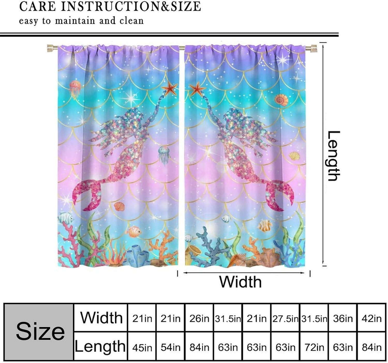 Mermaid Scales Blackout Curtains, Magical Ombre Mermaid Fish Scale Marine Theme Window Drapes for Kid Girls Boys Bedroom Living Room 55" W X 63" L