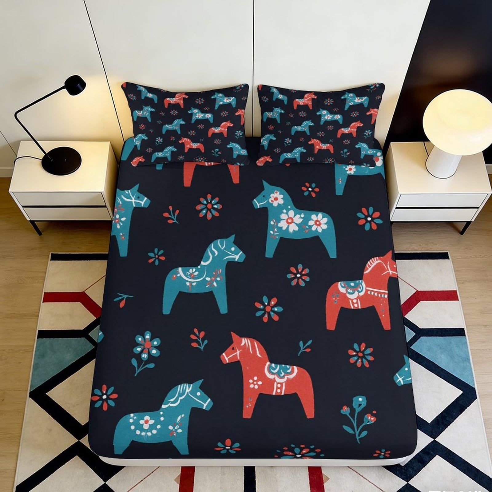 3D Printed Scandinavian Dala Horse Fitted Sheet Microfiber Soft Boho Folk Mattress Cover Bedroom Decor 90x200x25cm