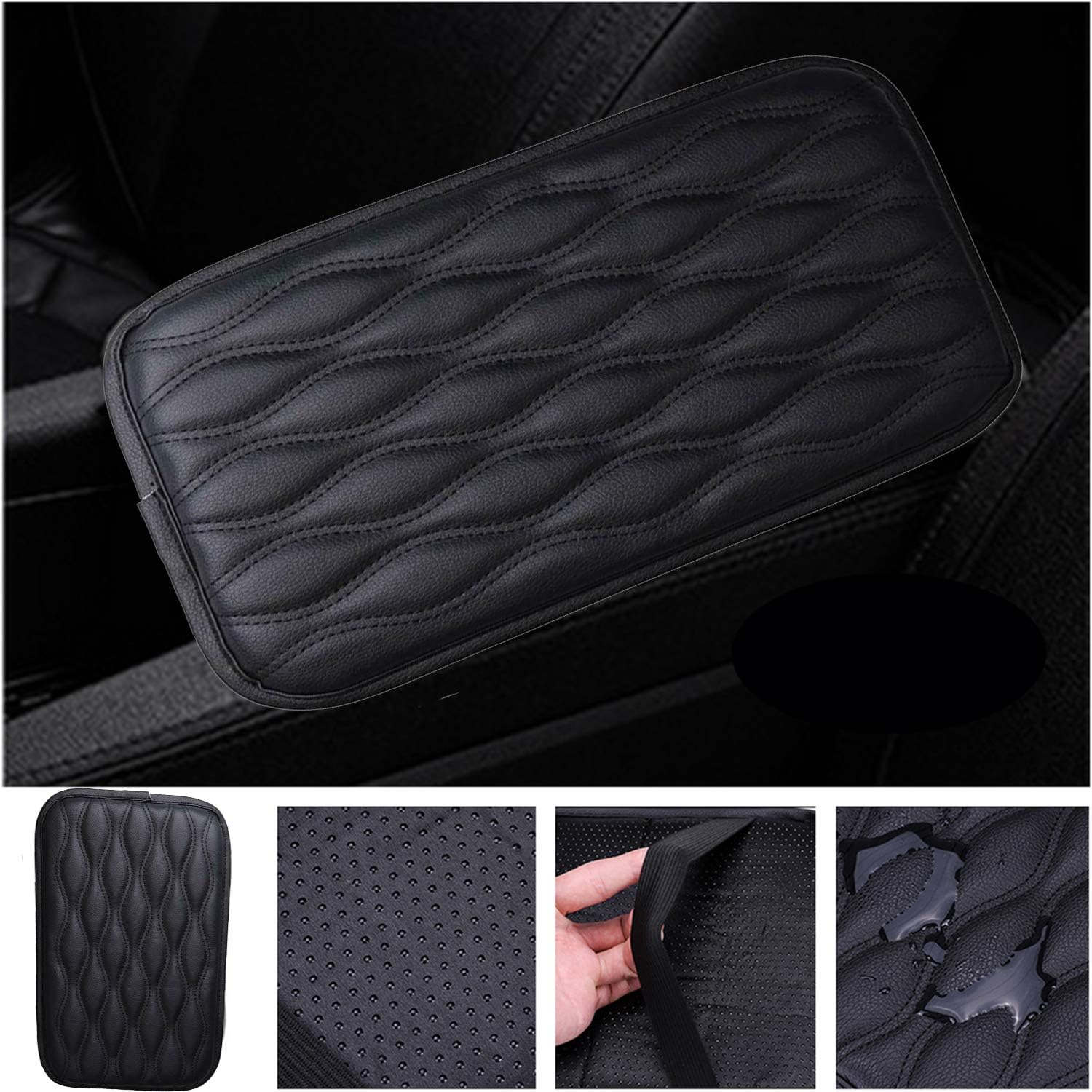 WedFeir Car Center Console Cover, Car Armrest Box Pad Mat, Memory Foam Leather Arm Rest Covering Car, Leather Middle Consoles Protector Arm Rest Cushion for SUV/Truck/Vehicle. (Black)