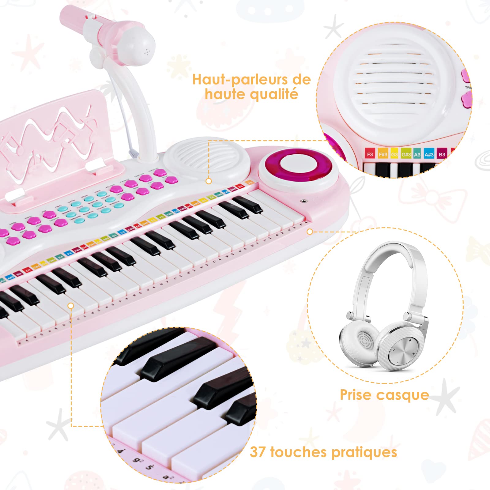 DREAMADE Piano Numérique pour Enfants 37 Touches, Clavier Électronique pour Enfants avec Microphone,Fonction d'Enregistrement et de Lecture,Effets d'Éclairage&Accessoires Abondants (Rose)