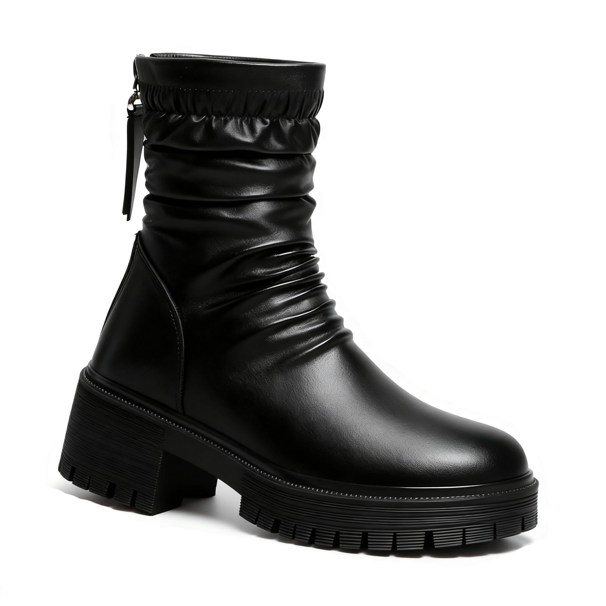 Womens Platform Lug Sole Chelsea Ankle Boots Fashion Back Zipper Wide Width Chunky Block Heel Wrinkled Booties