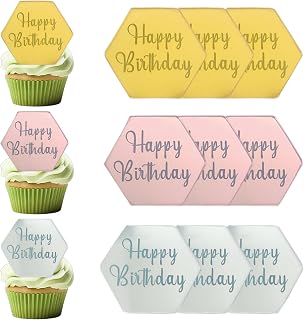 9 Pcs Acrylic Happy Birthday Cupcake Toppers, Hexagonal Mirrored Multicolor Cake Topper for DIY Cupcake Decoration Birthday Party Topper
