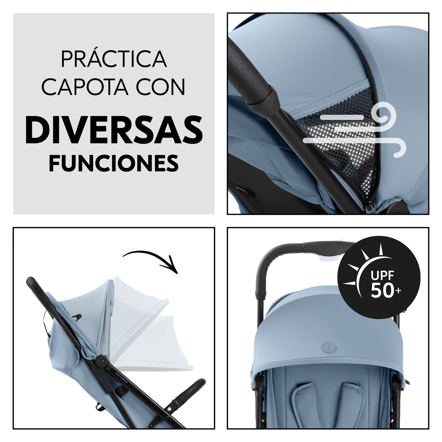 hauck Travel N Care Plus Carrito Bebé Ligero hasta 22 kg - Silla de Paseo Reclinable y Plegable - Ruedas Grandes Antipinchazos - Suspensión - UV 50+ - Cesta Grande - Azul