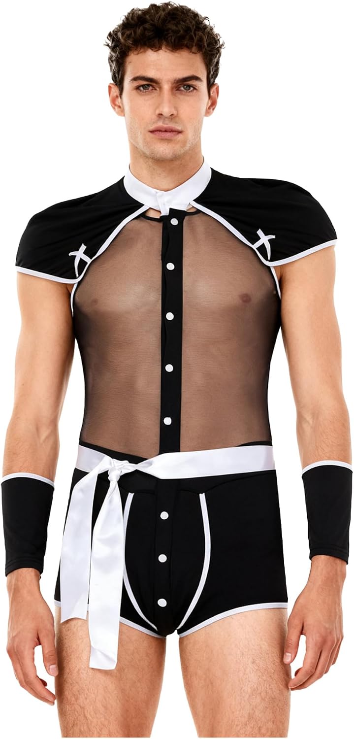 Freebily Mens Cosplay Lingerie Costume Adult Priest Sheer Mesh Patchwork Bodysuit Rave Outfits