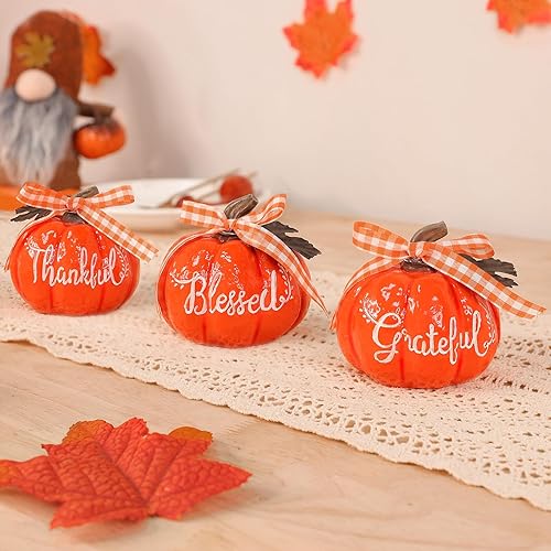 Miniatura 2 de TURNMEON Decoraciones de otoño, juego de 3 calabazas artificiales de resina Thankful Grateful Blesed, centro de mesa de calabaza de otoño para