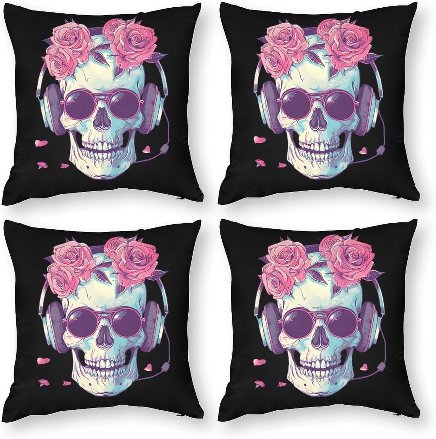 Rose Skull with Headphone Printed Throw Pillow Case 4 Pcs Soft Pillowcases Pillows Covers Sofa Bed Decor 12/14/16/17/18/20/22/24/32 Inches