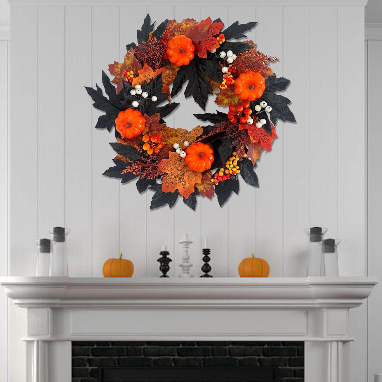 Couronne De Porte Automne Halloween – Feuilles D'Érable & Baies Rouges – Diamètre 30 Cm – Décoration Thanksgiving