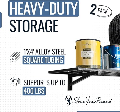 Miniatura 2 de StoreYourBoard Paquete de 2 estantes de pared de garaje resistentes, estante de almacenamiento de pared de 1 x 4 pies con ganchos, soporta 200