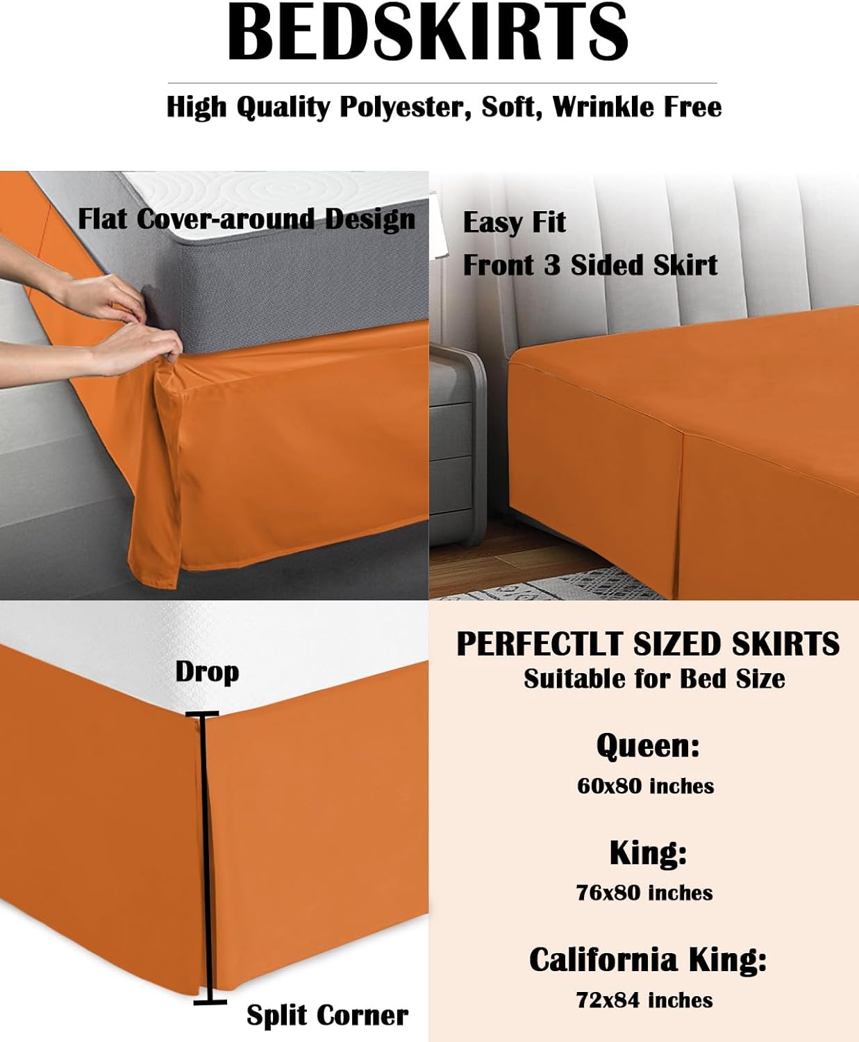 Orange Bed Skirt King Size 16 Inch Drop, Pleated Bed Frame Cover, Pure Orange Luxury Sheet & Wrap Around Bed Skirts Box Spring Cover Dust Ruffle for King Size Bed with Split Corner
