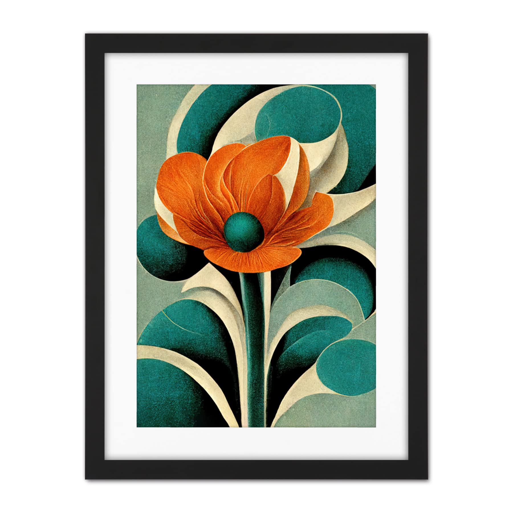 Doppelganger33 LTD Art Deco Poppy Flower Teal Orange Cream Artwork Framed Wall Art Print 18X24 Inch