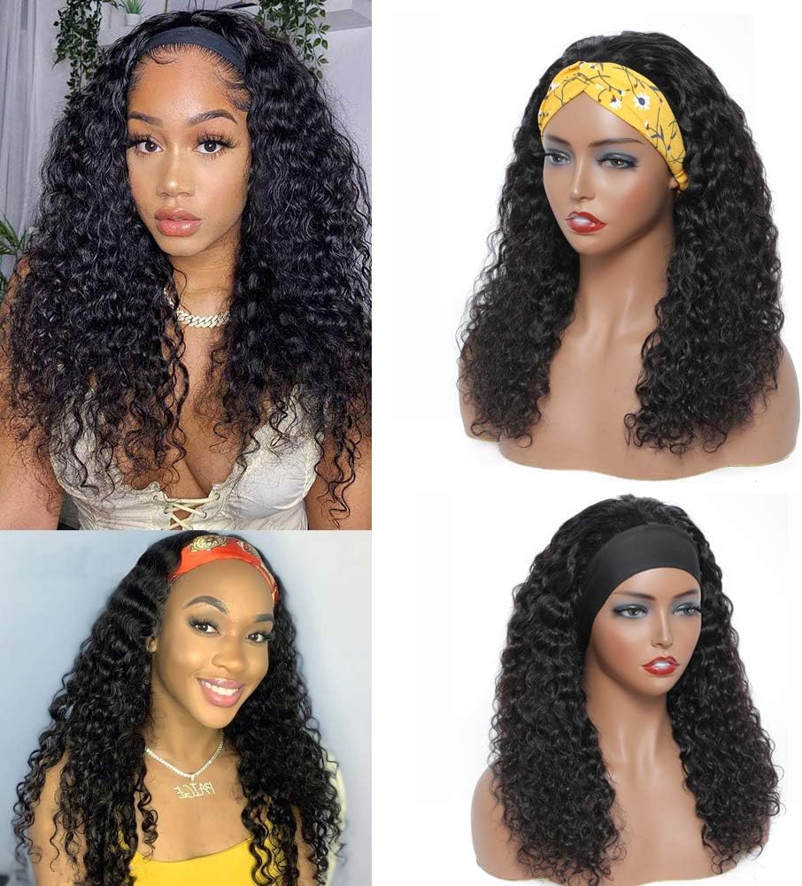 Wet and Wavy Headband Human Hair Wigs for Black Women, Water Wave Curly Headband Wigs Human Hair, 150% Density Natural Color None Lace Front Wigs Human Hair 14 Inch