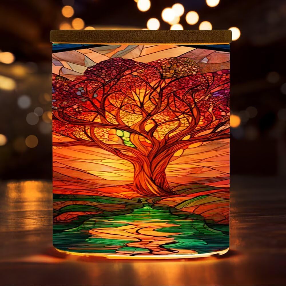 Tea Light Candle Holder with Bamboo Lid, Stained Glass Tree of Life Candle Holder Tealight Jar for Birthday, Wedding, Party, Home, Christmas Decoration