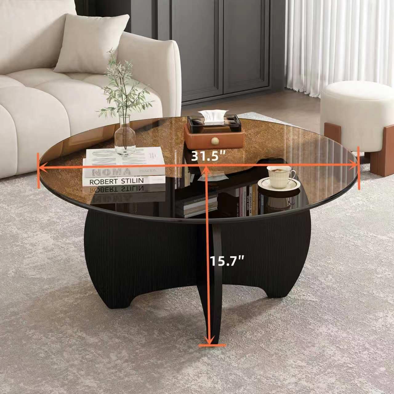 31.5'' Round Coffee Table with Tempered Glass Top, Modern Center Table for Small Spaces - Sturdy Black Board Frame, Simple Design for Living Room, Home, Office - Easy Assembly.