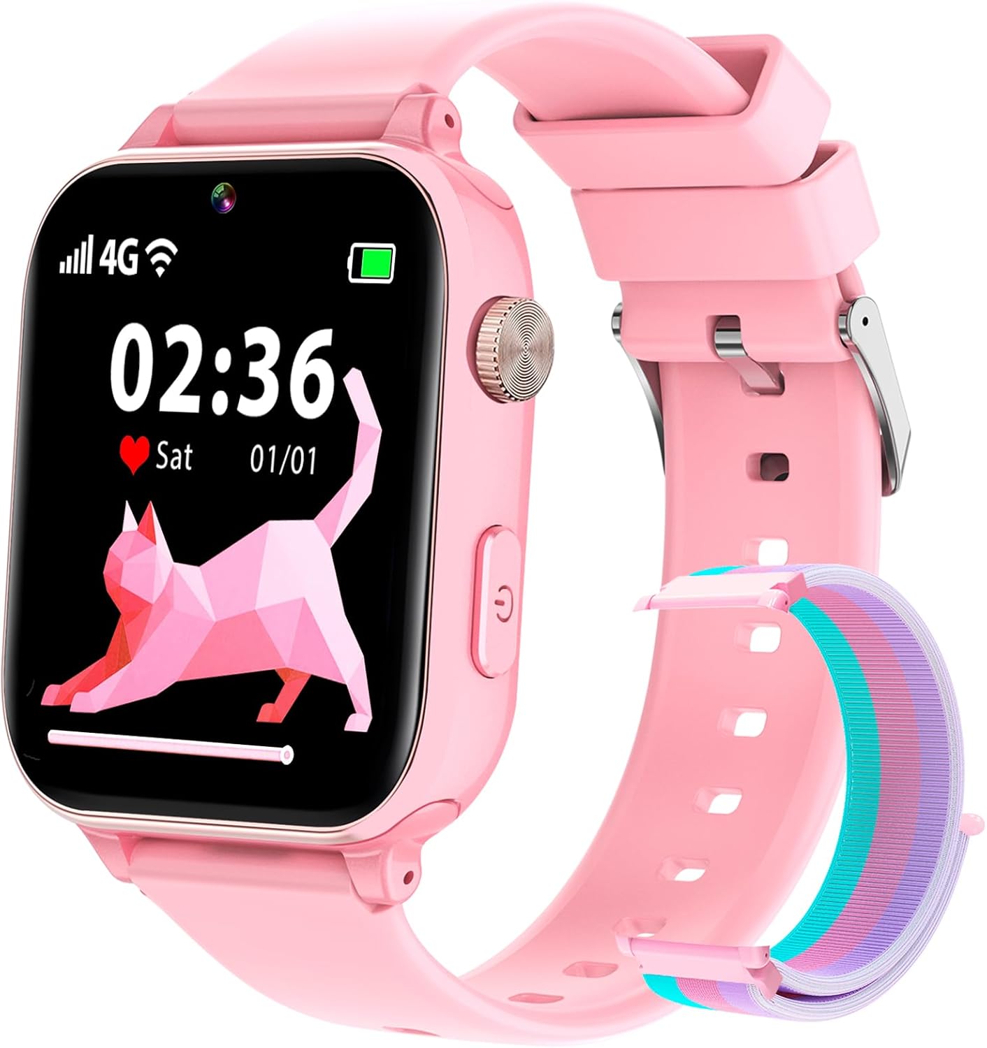 PTHTECHUS 4G Girls’ Smartwatch GPS Watch with Video Call and Phone, WIFI GPS LBS Pedometer Receive SMS SOS Alarm School Mode, Gifts for Children Ages 4 and Up (Pink)