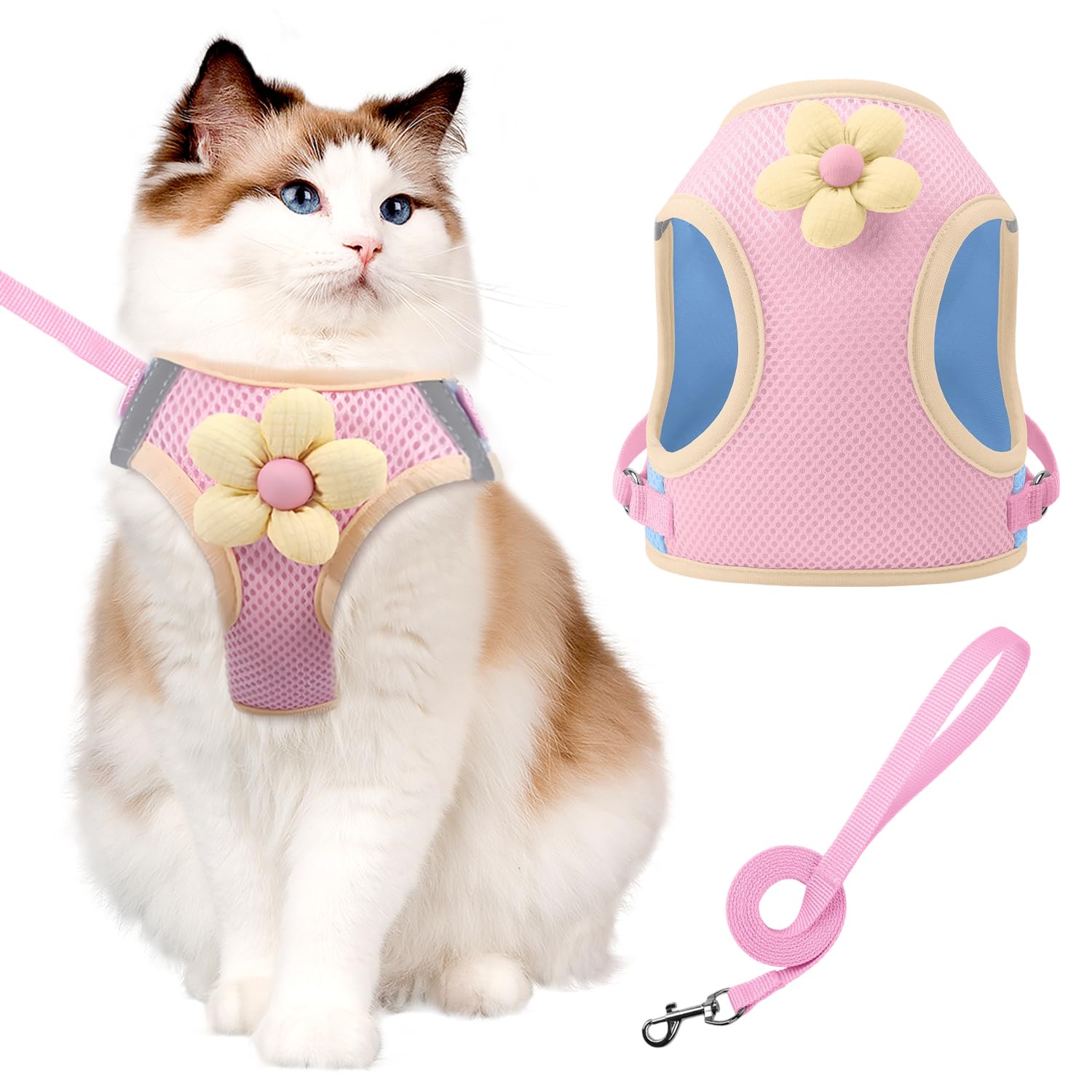 MOTIBACK Cat Harness and Lead Set, Escape Proof Kitten Harness with Leash, Adjustable Soft Mesh Vest with Cute Flower Design, Reflective Strips for Small Cats Walking, Pink - S