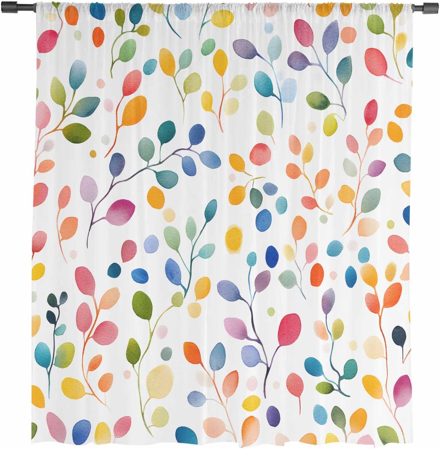 Boho Colorful Leaves Sheer Curtains 72 Inch Length, Light Filtering Watercolor Botanical Leaf Voile Curtain Panel, Rod Pocket Natural Plants Drapes Funny Window Treatments for Living Room 52"x72"
