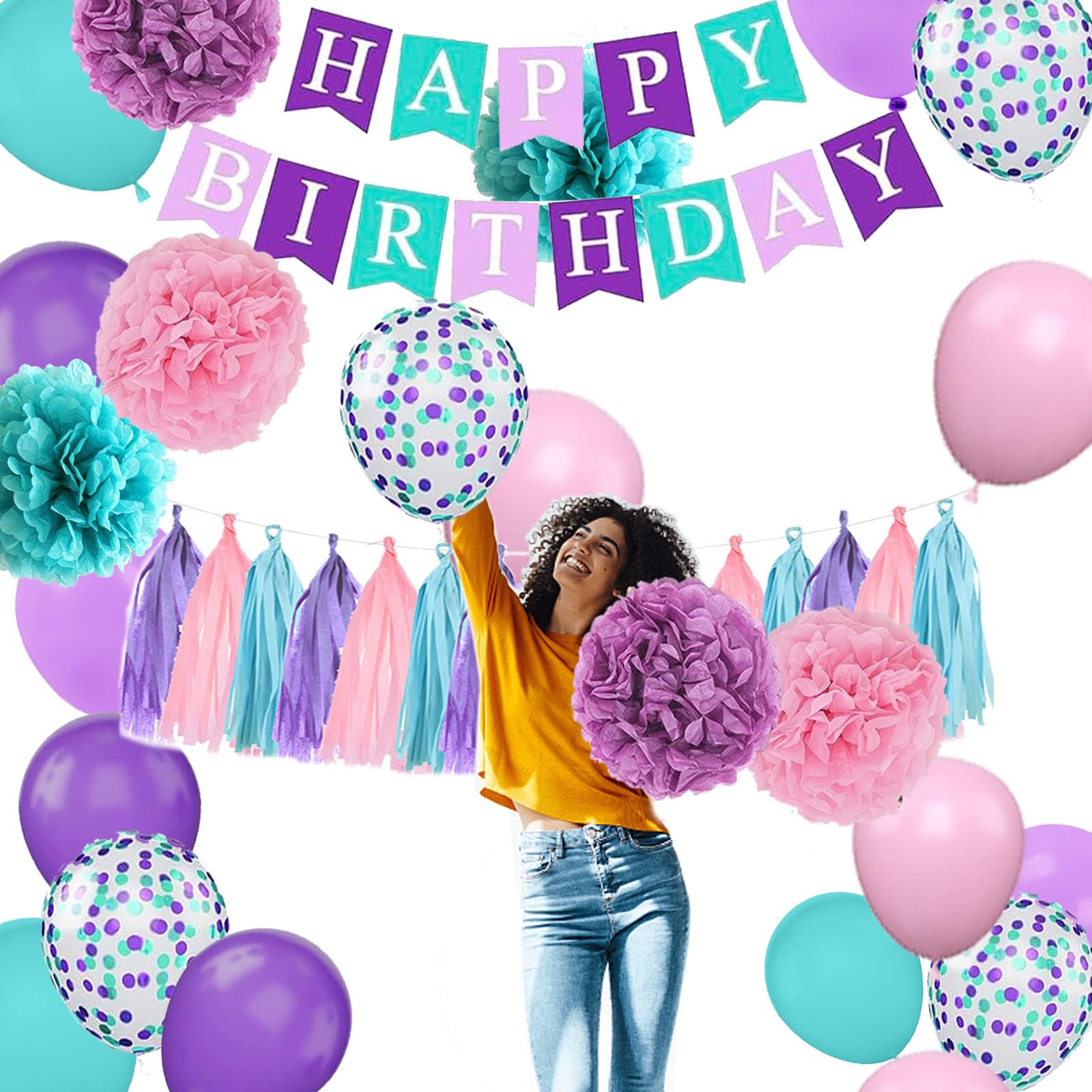 Decoraciones de cumpleaños verde azulado, morado, rosa, decoración de fiesta de cumpleaños de sirena para niñas y mujeres con pompones, borlas y globos