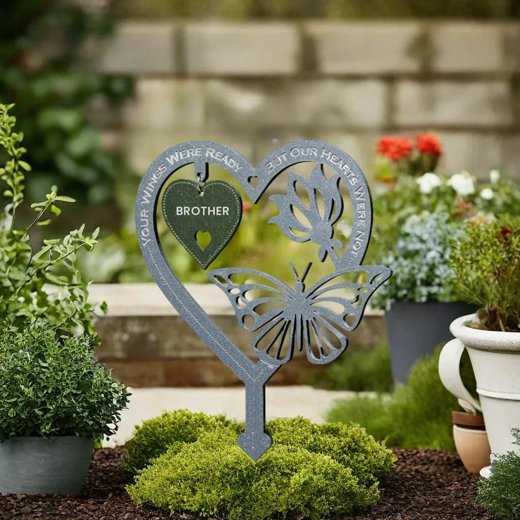 Garden Memorial Plaque for Brother Garden Stakes Grave Markers Cemetery Weatherproof Inserted Yard Sign Heart Shaped With Butterfly Flower Ornament Memorial Plaques and Garden Signs Present - Image 3