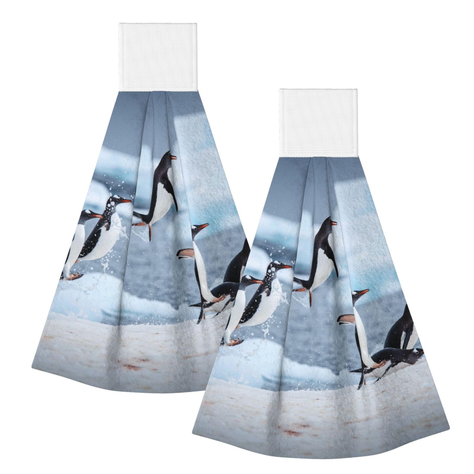 DOPKLNA Penguin, 2 Pcs Hanging Coral Fiber Hand Towels for Bathroom, Absorbent Kitchen Towels
