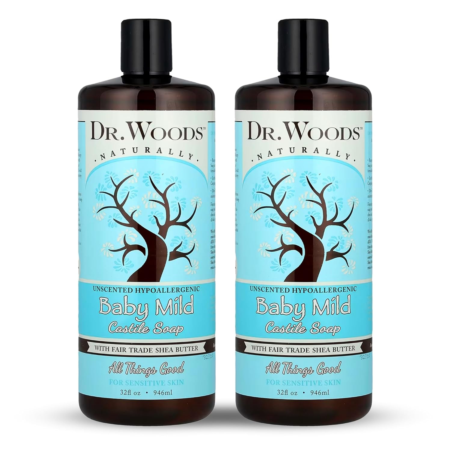 Dr. Woods Unscented Baby Mild Liquid Castile Soap - Gentle Cleanser Made with Organic Shea Butter, Natural Soap for Sensitive Skin, Paraben, Sulfate, and Phthalate Free - 32 Fl Oz (Pack of 2)