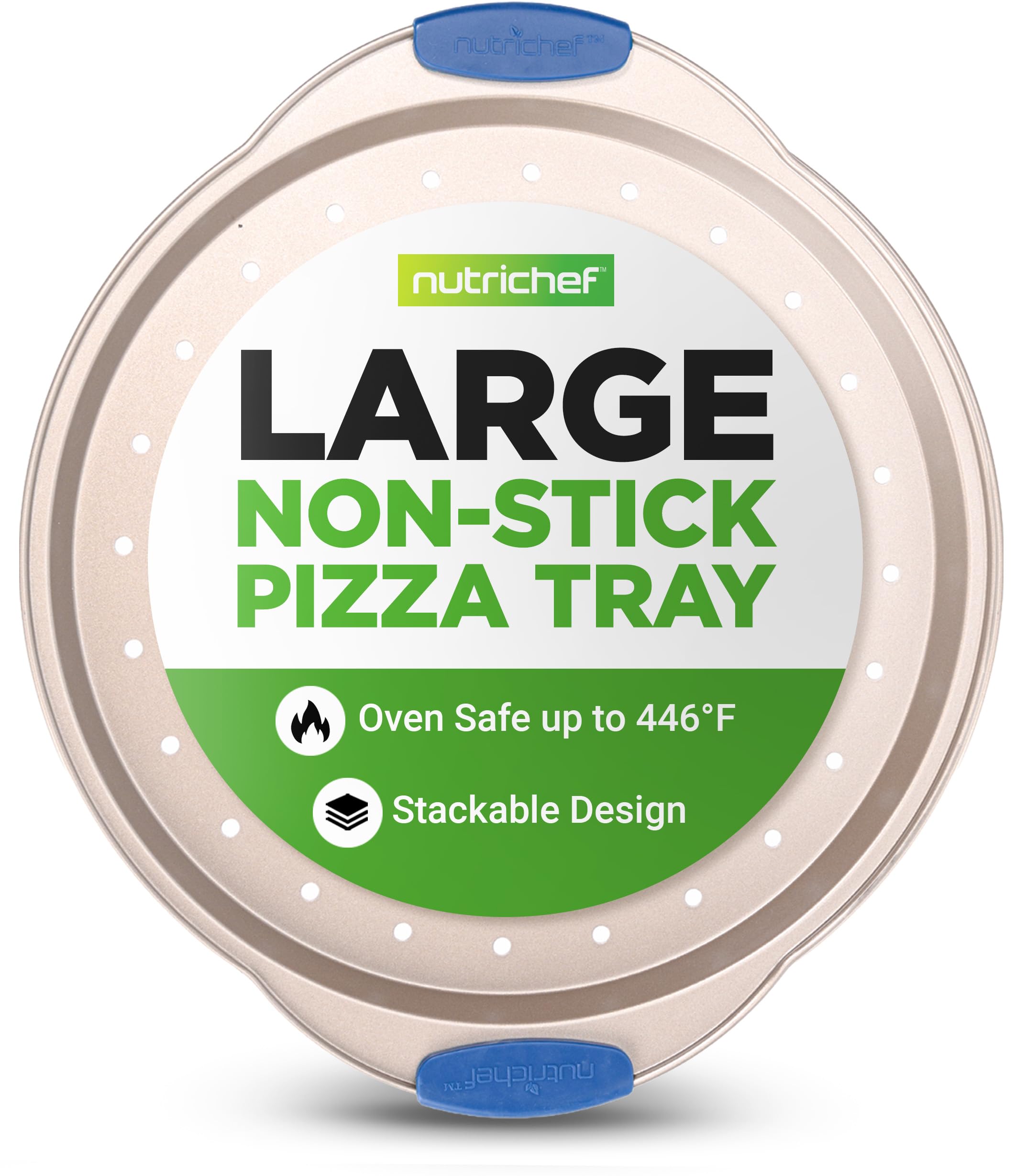 NutriChef 13-Inch Non-Stick Pizza Tray - with Silicone Handle, Round Steel Non-stick Pan with Perforated Holes, Premium Bakeware, Pizza Tray with Extended Handles, Dishwasher Safe - Champagne Gold