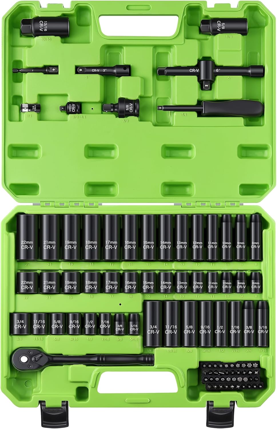 56-Piece 3/8" Drive Socket Set, SAE (5/16"-3/4") & Metric (8mm-22mm), Deep & Shallow, Ratchet Handle, Extension Bars, Adapter, Universal Joint, Power Drill Adapters, Spark Plug Sockets, CR-V