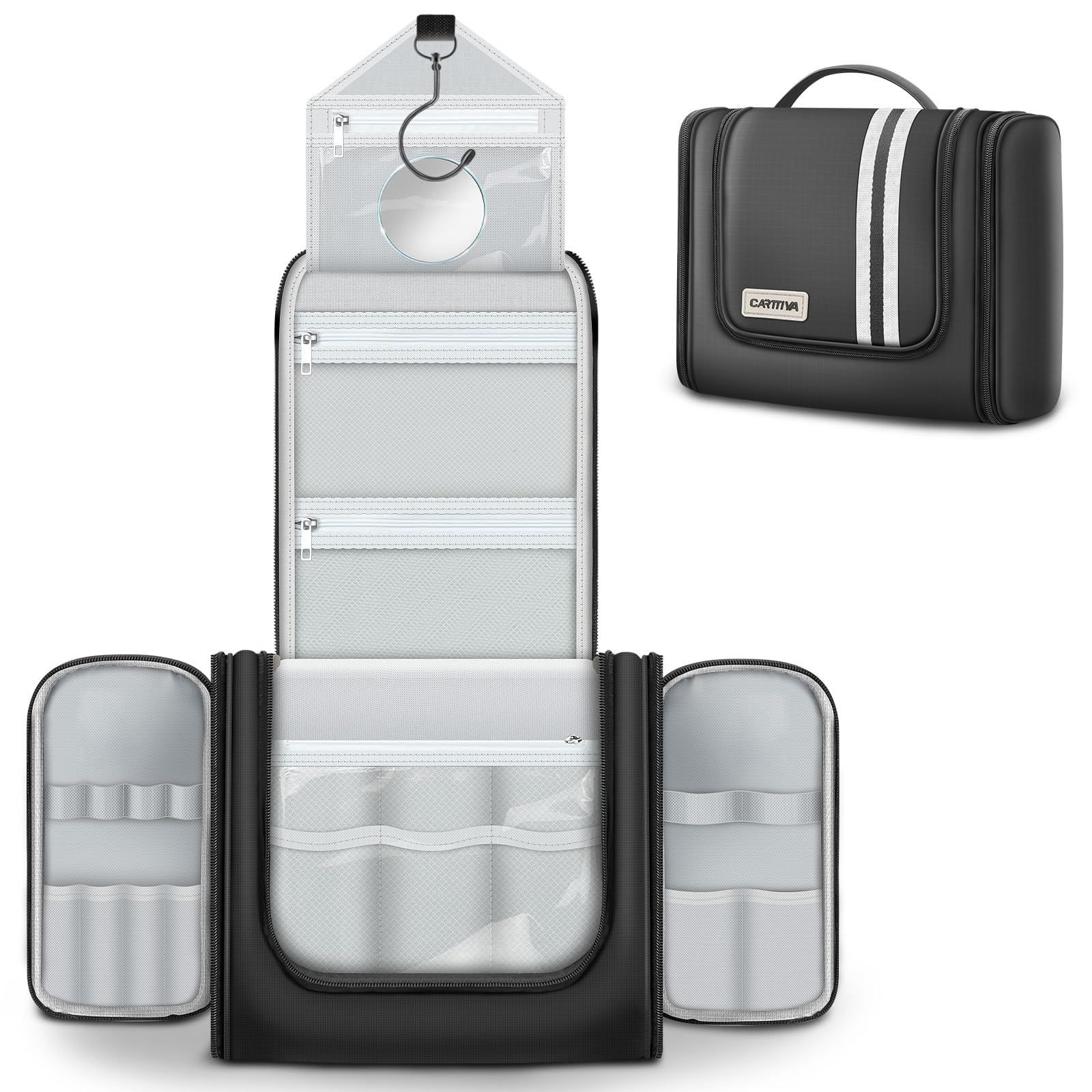 Carttiya Kulturbeutel zum Aufhängen, Reise Kulturbeutel Herren mit Spiegel, Groß Wasserabweisend Kosmetiktasche Kulturtasche Waschtasche Cosmetic Bag mit Haken für Damen und Herren (Schwarz)