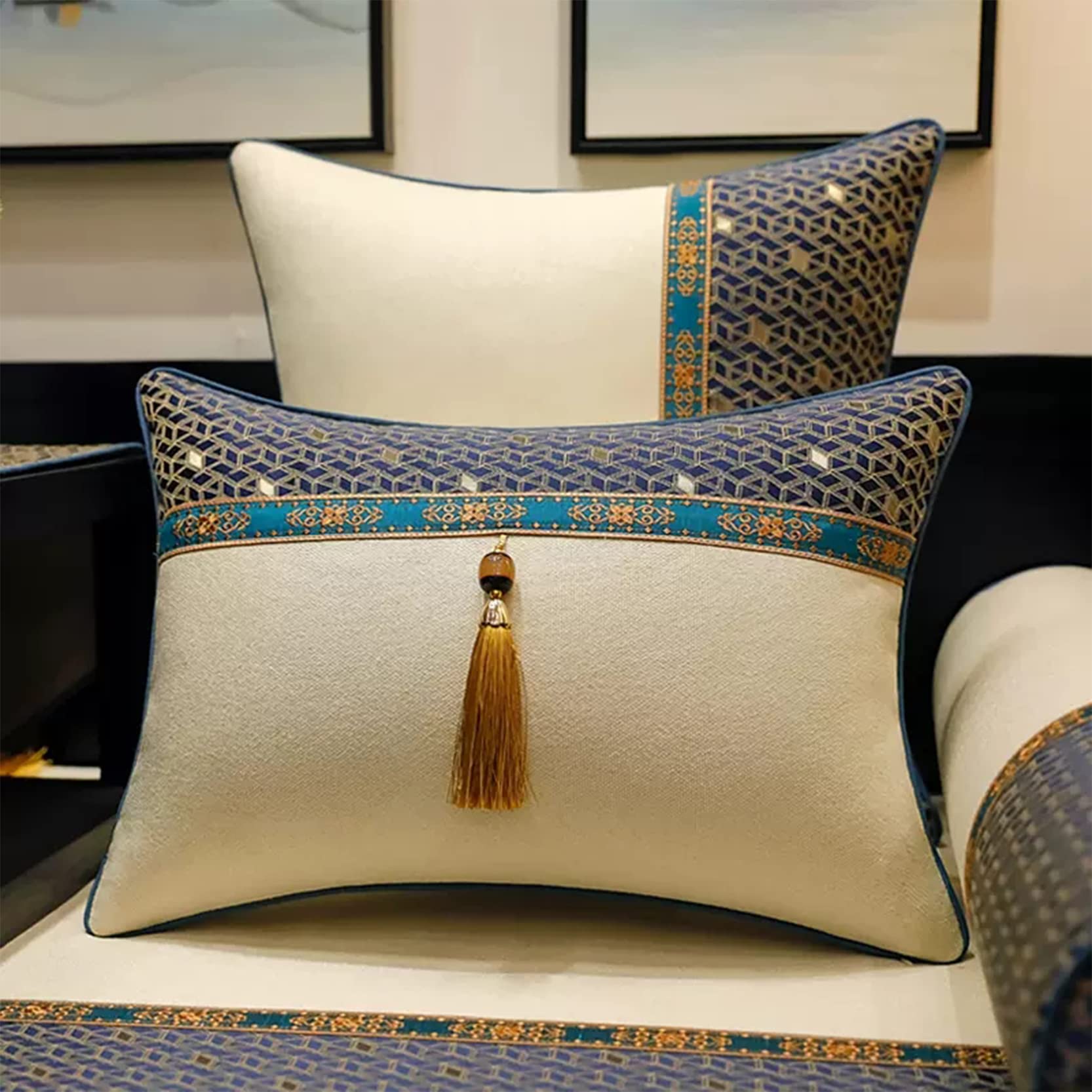Juego de 2 Fundas Decorativas para Cojines Jacquard Throw Pillow Covers Algodón Lino Rombo Square Grid Stitching Fundas de Almohada Sala de Estar Sofá Decoración,Blue A-40x60cm