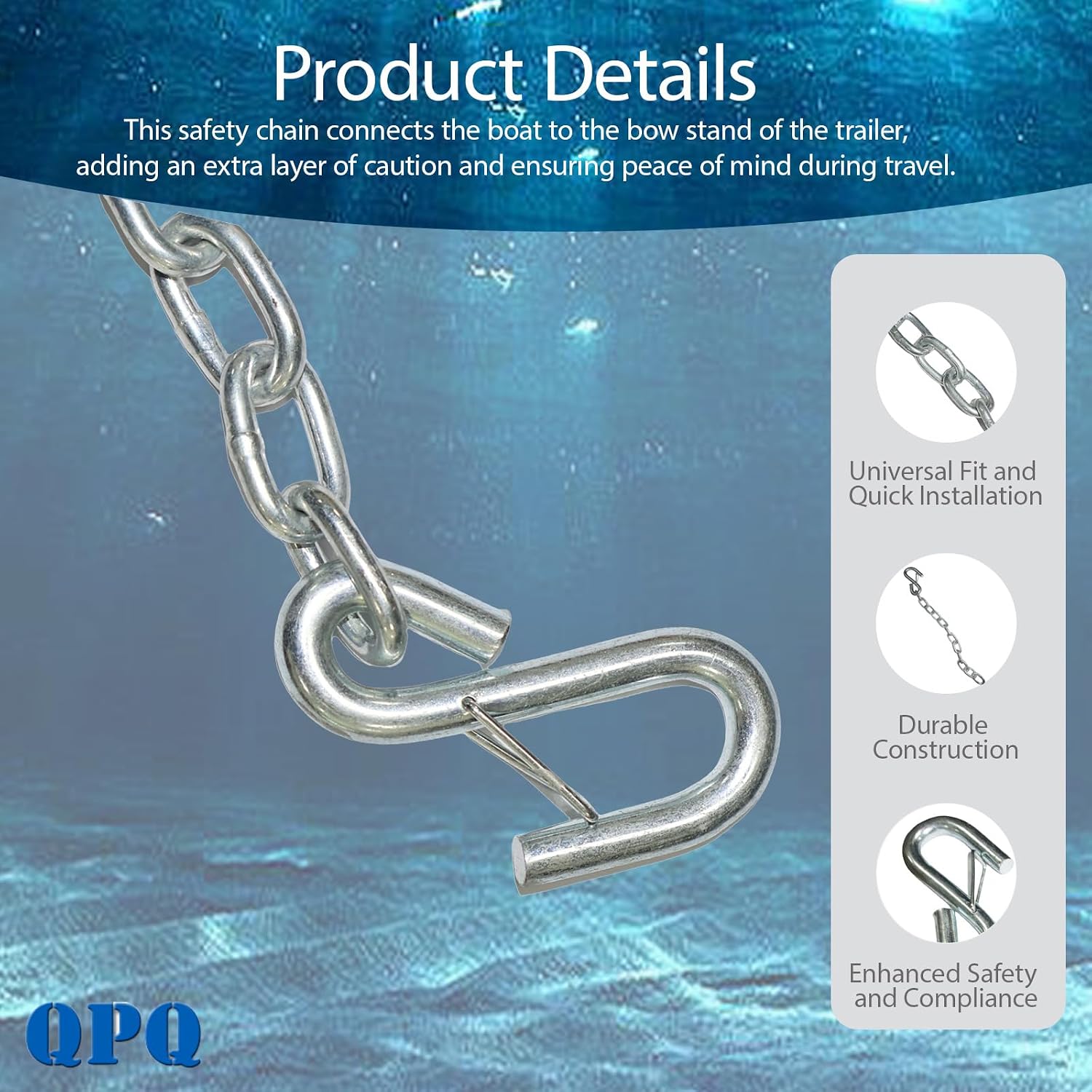QPQ 15-Inch Boat Trailer Safety Chain with Hooks, Boat Trailer Accessories