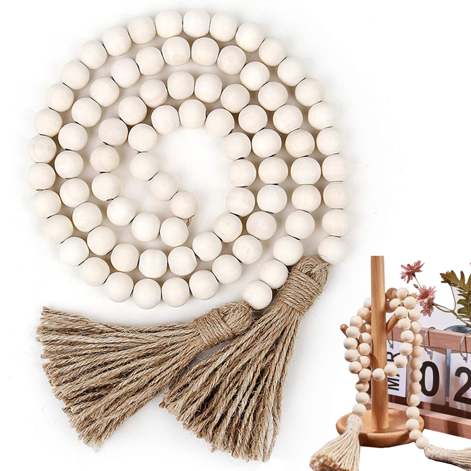 Holzperlen Girlande 148cm 16mm, 84 Holzperlen mit Quasten Deko | Holzperlenkette Naturholz, Perfekt für Wohnzimmer, Schlafzimmer, Weihnachtsbaum, Kamin oder Hochzeitsdeko