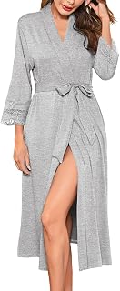Ekouaer Women's Knit Bathrobe Lace Kimono Robes with Pockets Full Length Lightweight Loungewear S-XXL