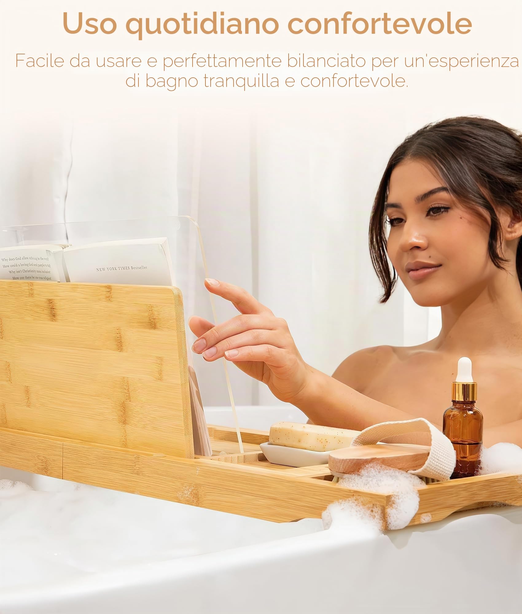 ADOV Vassoio da bagno estensibile in legno di bambù con supporto integrato per libri, telefono, tablet, candele, sapone, asciugamani, bicchieri da vino, regolabile, adatto alla maggior parte delle