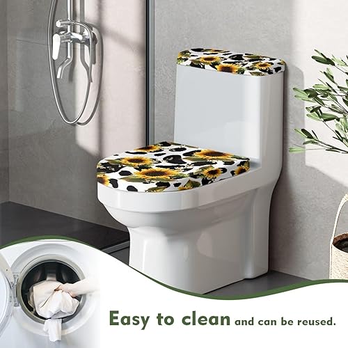 Miniatura 4 de Juego de 2 fundas para tapa de asiento de inodoro con diseño de girasoles, funda para tapa de tanque de inodoro, lavable a máquina, juego de fundas