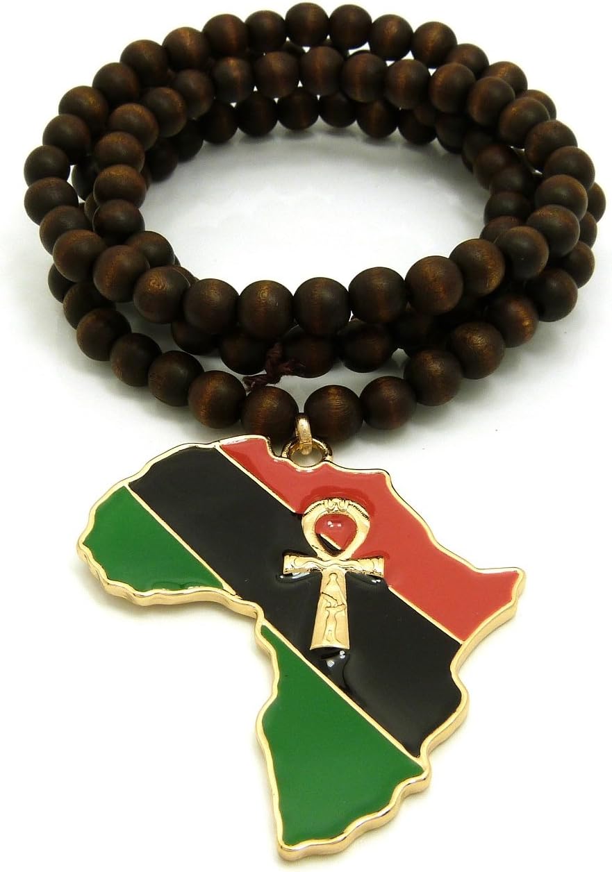 Fashion 21 Ankh Pan African Colored Africa Map Pendant 8mm 36" Wooden Bead Necklace in Gold Tone