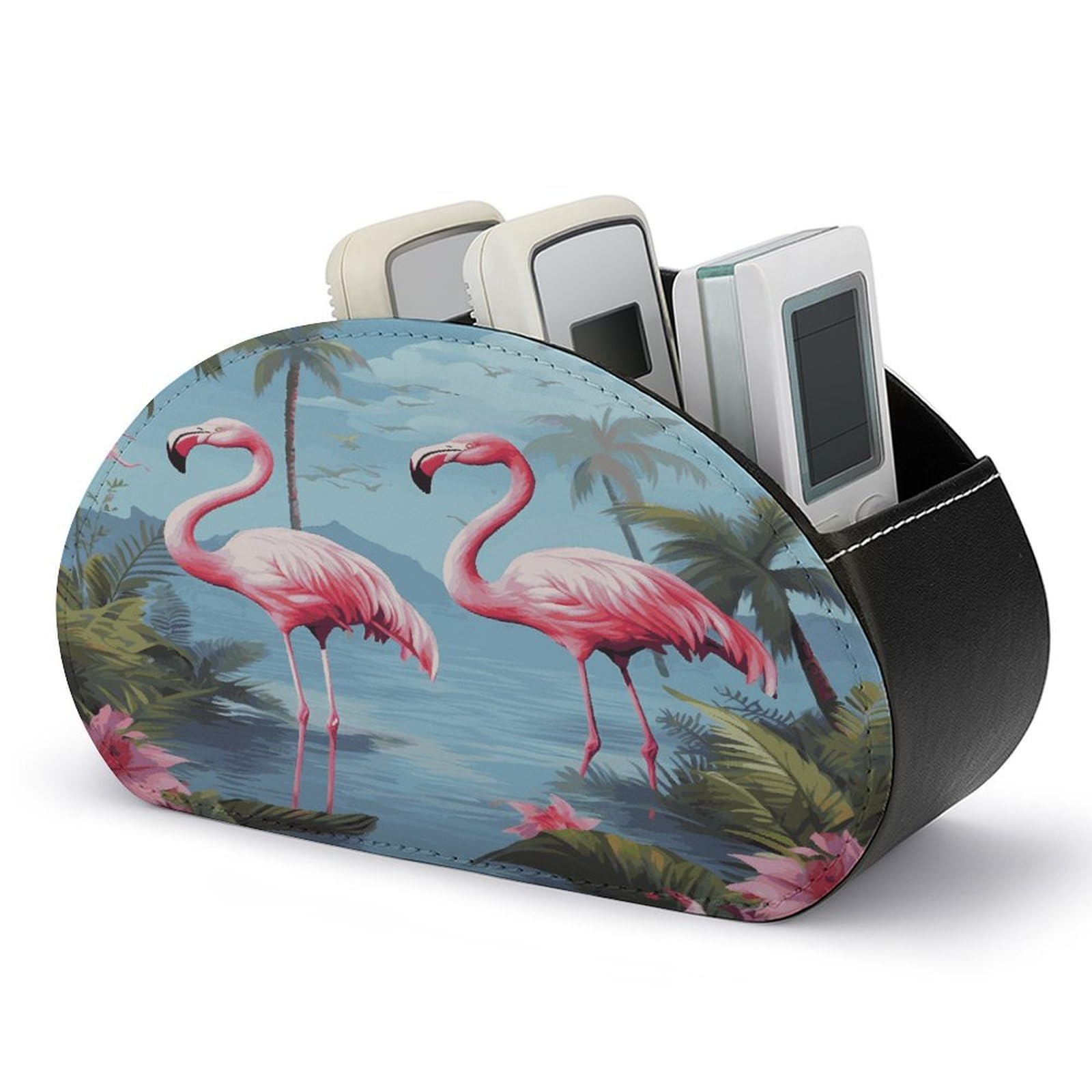 FekiLoot Tropical Flamingos Remote Control Holder, PU Leather Remote Control Organizer Box Stationery Remote Control Box Desk Storage Organizer for DVDs,Glasses,Pens,Media Players