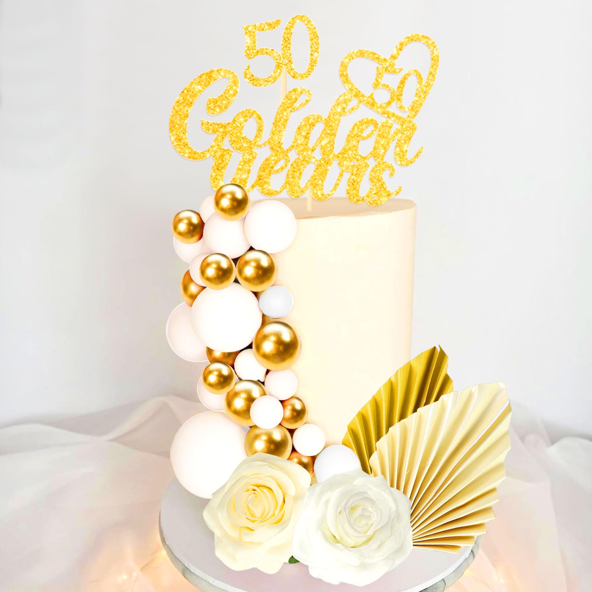 LaVenty Kuchendekoration Zum 50. Hochzeitstag – 15-teiliges Set In Gold & Weiß Mit Aufsatz, Blumen & Kugeln