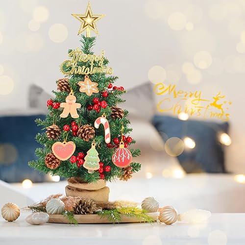 Miniatura 7 de Mini árbol de Navidad artificial con luces, árboles de Navidad de mesa de 22 pulgadas, 65 puntas de rama, pequeños árboles de Navidad con adornos