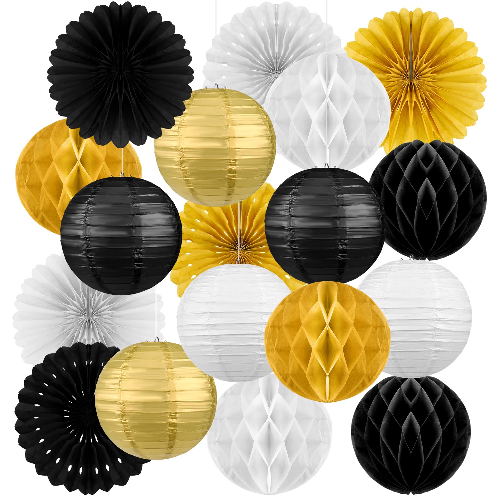 Raiten 18 Pcs Happy New Year Party Decorations Kit Black Gold and Sliver Paper Lanterns Black Gold White Hanging Round Paper Fans Hanging Honeycomb Ball for Birthday Wedding New Year Eve Party Supply