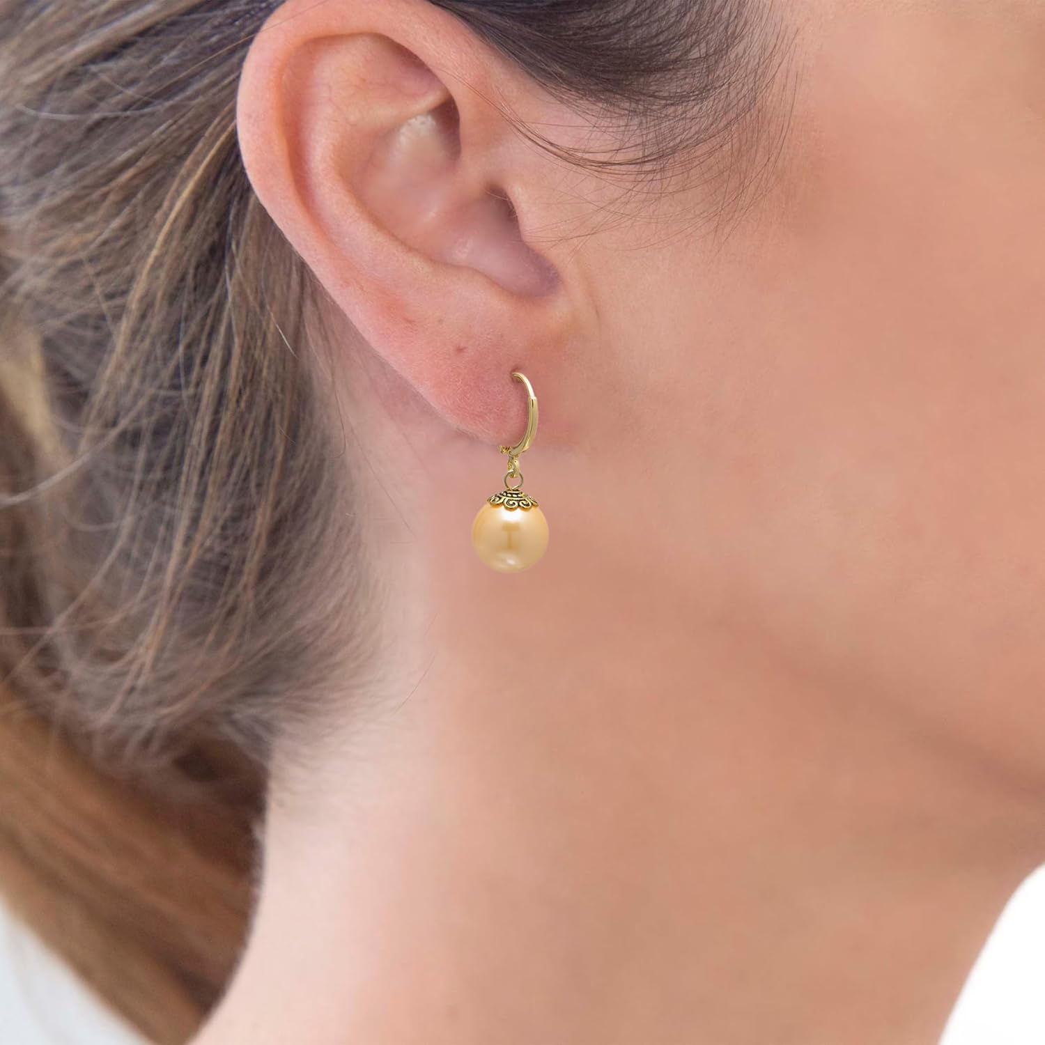 Vintage Golden Pearls Dangle Ball Earrings for Women, Round Leverback - Image 2