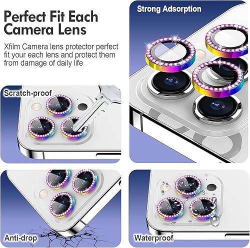 Miniatura 182 de Xfilm Protector de lente de cámara Bling para iPhone 14 Pro/14 Pro Max, dureza 9H a prueba de rayones, protector de anillo individual de metal