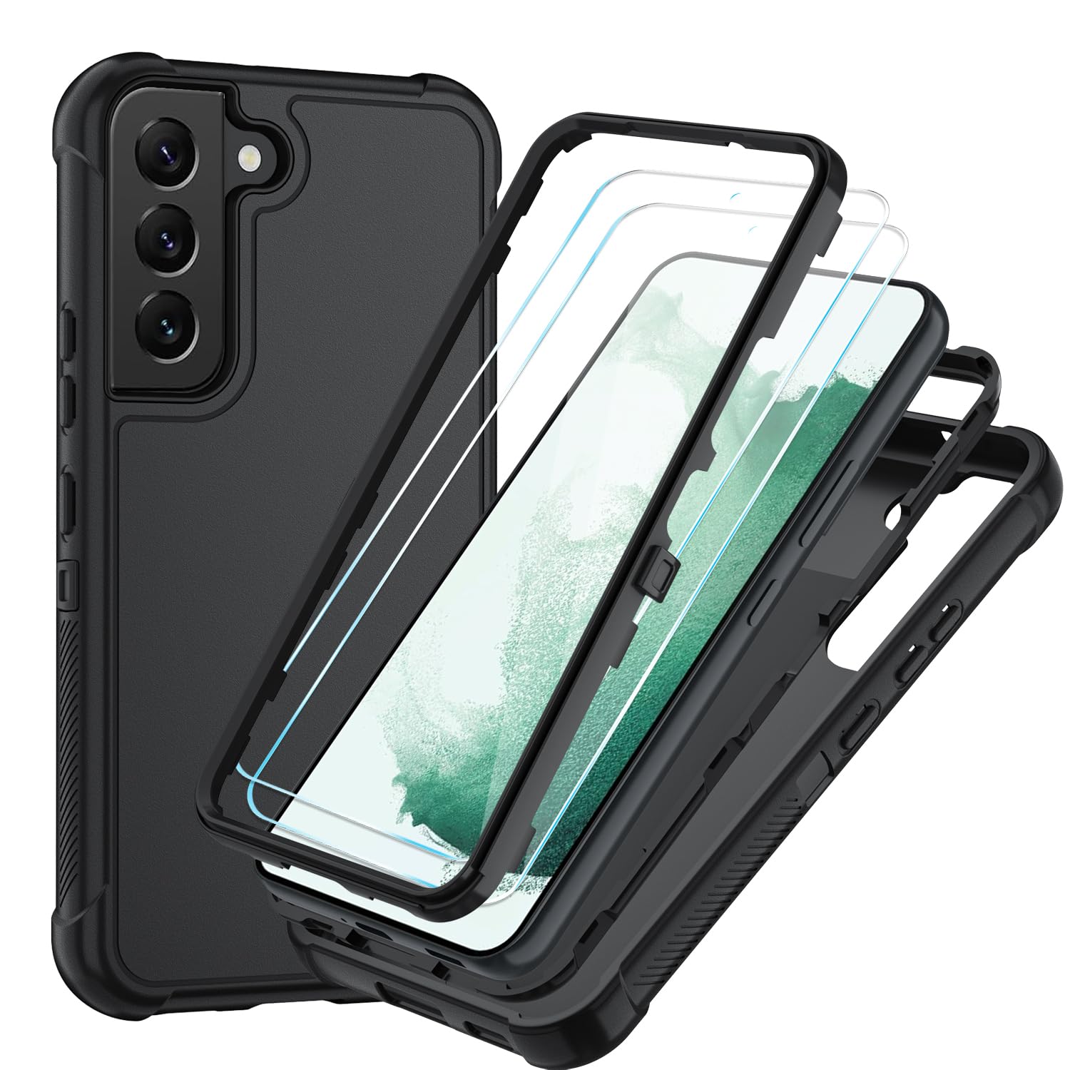 Photo 1 of SunStory Compatible with Samsung Galaxy S22 Case with HD Screen Protector, 3-Layer Heavy Duty Full-Body Cover, 3 in 1 Hybrid Protective Case for Galaxy S22 6.1", Black