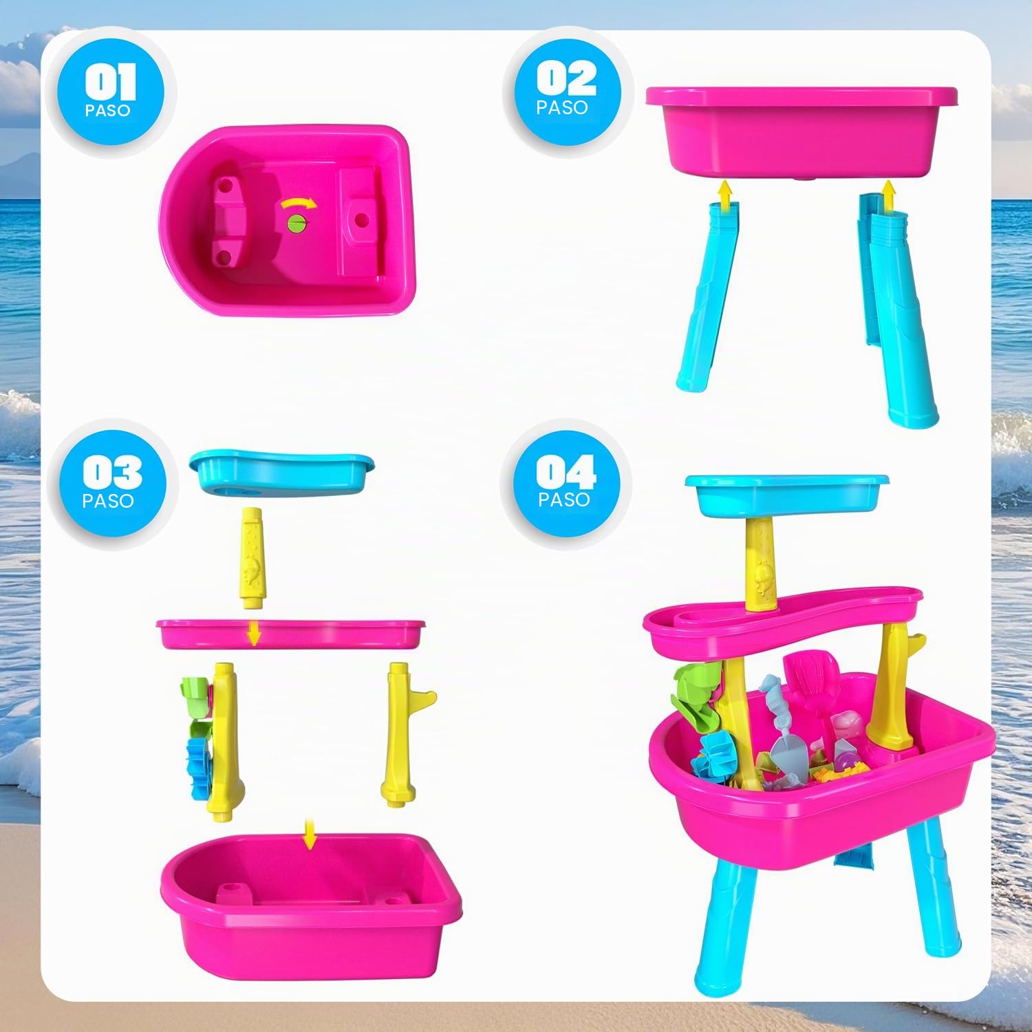 VATOS Mesa de agua de 3 niveles para niños 1-3, 37 piezas mesa de agua para niños lluvia ducha Splash Pond Set para patio trasero al aire libre, actividad sensorial mesa de agua arena mesa de verano