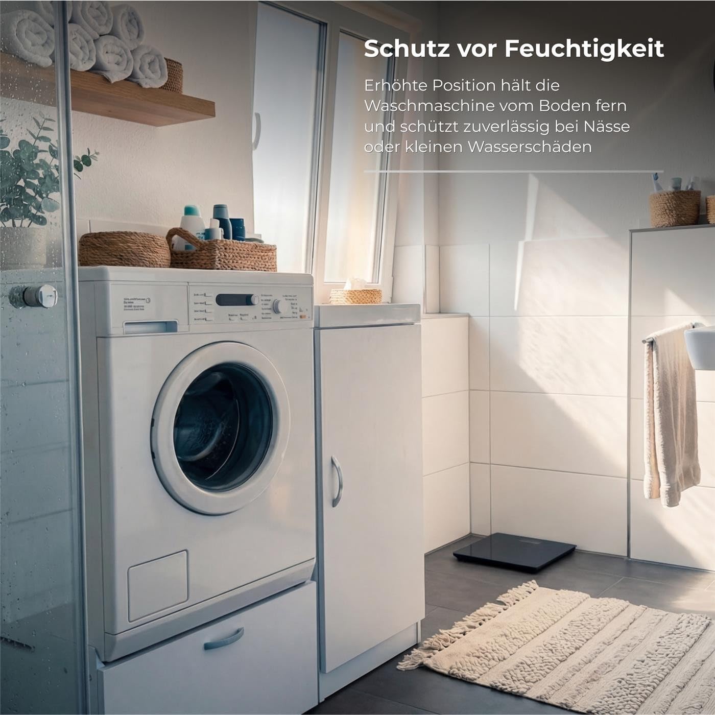 Metzler Waschmaschinenständer mit Schublade bis 150 kg – Untergestell & Podest - Erhöhung für Waschmaschine und Trockner, rutschfest & vibrationsdämpfend, Stahl, Weiß