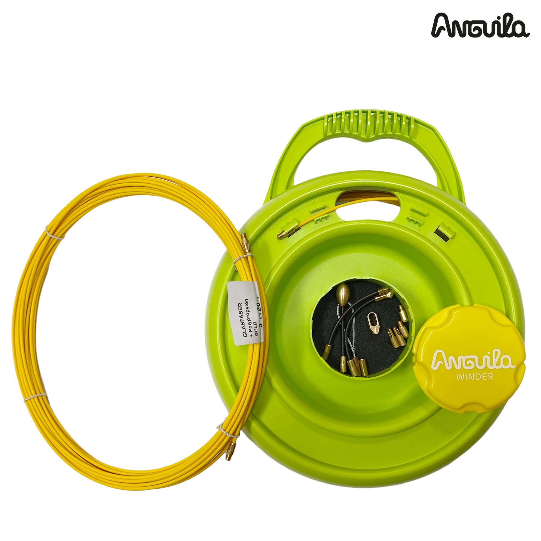 Anguila Max Winder 2 Guías Pasacables Fibra Vidrio Nylon Verde ⌀3mm 20m | Enrollador con 2 guías de fibra de vidrio que protege la herramienta y ahorra tiempo; terminales mixtos; incluye 8 accesorios