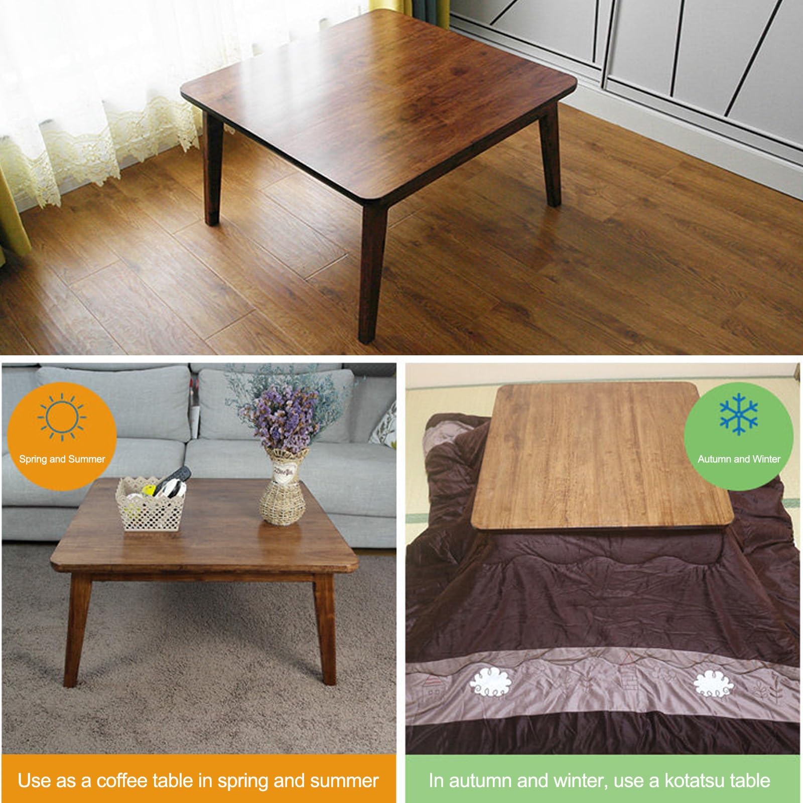 HARELA Tavolo Riscaldante Tatami Kotatsu Tavolino, Tavolino Riscaldamento per Riscaldamento Invernale, Tavolino da salotto, Legno massello, Regalo caloroso per la famiglia(Brown,75x75cm/29.5x29.5in)