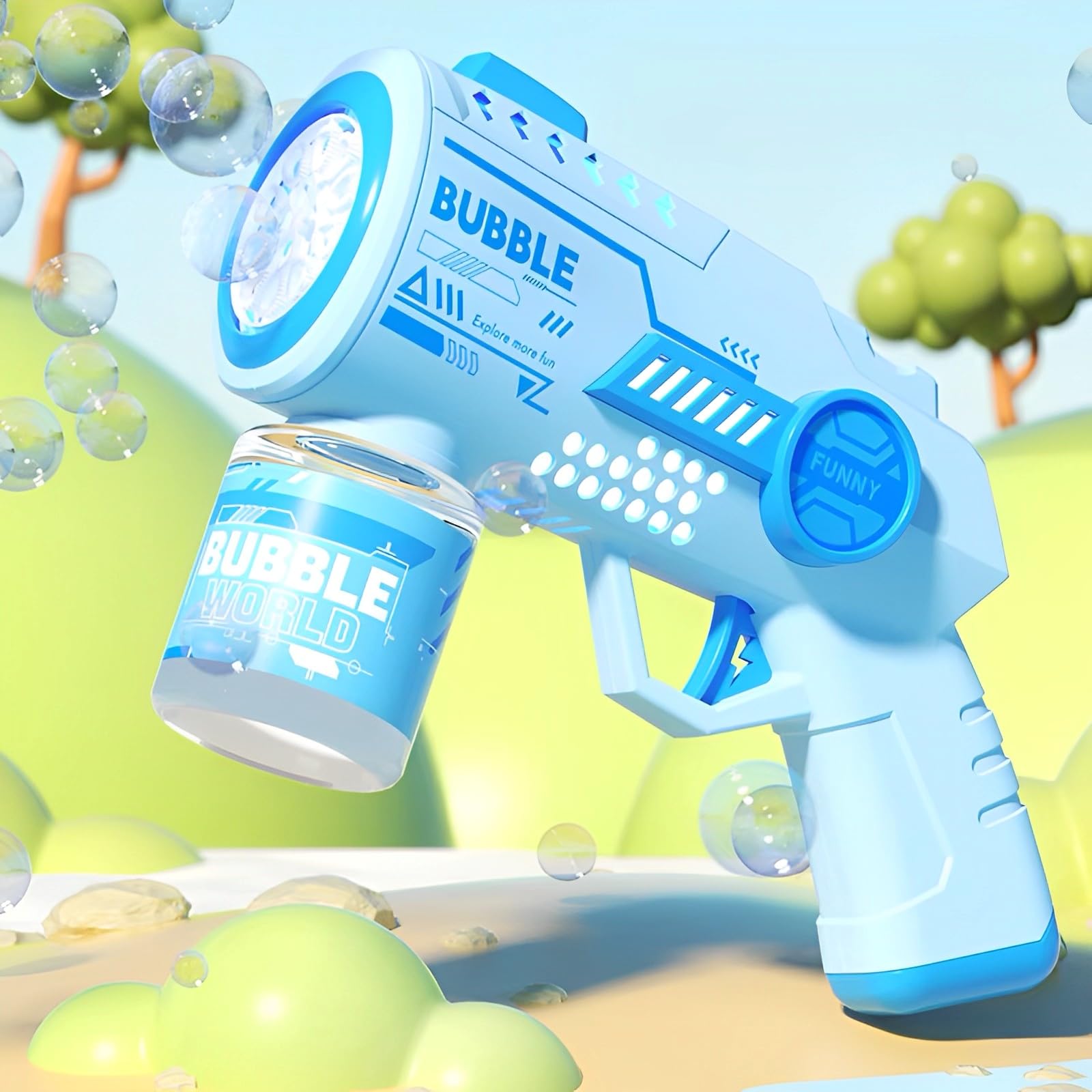 Máquina Automática de Burbujas, Pistola de Burbujas para Niños, con 20 Agujeros/LED/100ml Solución Burbujas y Pegatina, Soplador de Burbujas de Jabón, para Fiesta al Aire Libre Boda Cumpleaños, Azul